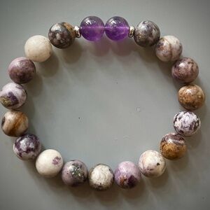 Purple Petrified Fluorite, Amethyst Handcrafted Bead Bracelet
